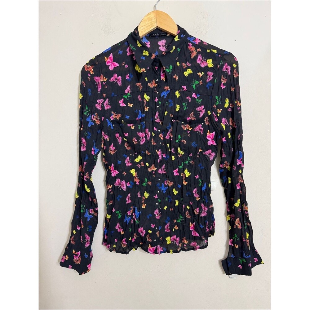 Le Caviar Sheer Black Button-Down Blouse Multicolor Butterfly Print size M Fairy